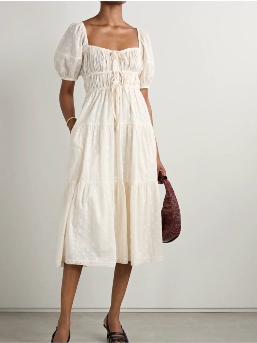 Ulla Johnson Cream Swiss-Dot Puff-Sleeve Palma Midi Dress Milkmaid Cottagcore